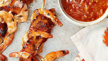 Bacon-Wrapped Shrimp Kabobs with Orange-Chipotle Sauce